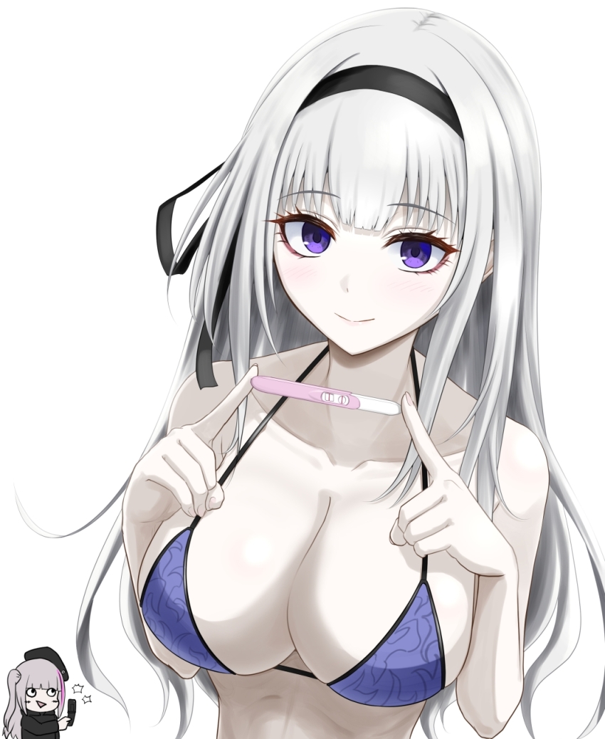 2girls, bikini, black_hairband, black_ribbon, blush, breasts, cleavage, closed_mouth, collarbone, eyeshadow, girls'_frontline, grey_hair, hair_ribbon, hairband, highres, holding, holding_pregnancy_test, long_hair, looking_at_viewer, makeup, mdr_(girls'_frontline), mosoro, multicolored_hair, multiple_girls, nyto_(girls'_frontline), pregnancy_test, purple_bikini, purple_eyes, red_eyeshadow, ribbon, sana_(boss)_(girls'_frontline), sana_(girls'_frontline), simple_background, smile, streaked_hair, swimsuit, upper_body, white_background, white_hair