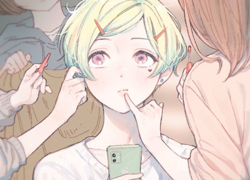 1boy, 3girls, 43_pon, applying_makeup, bad_id, bad_twitter_id, blonde_hair, blue_hoodie