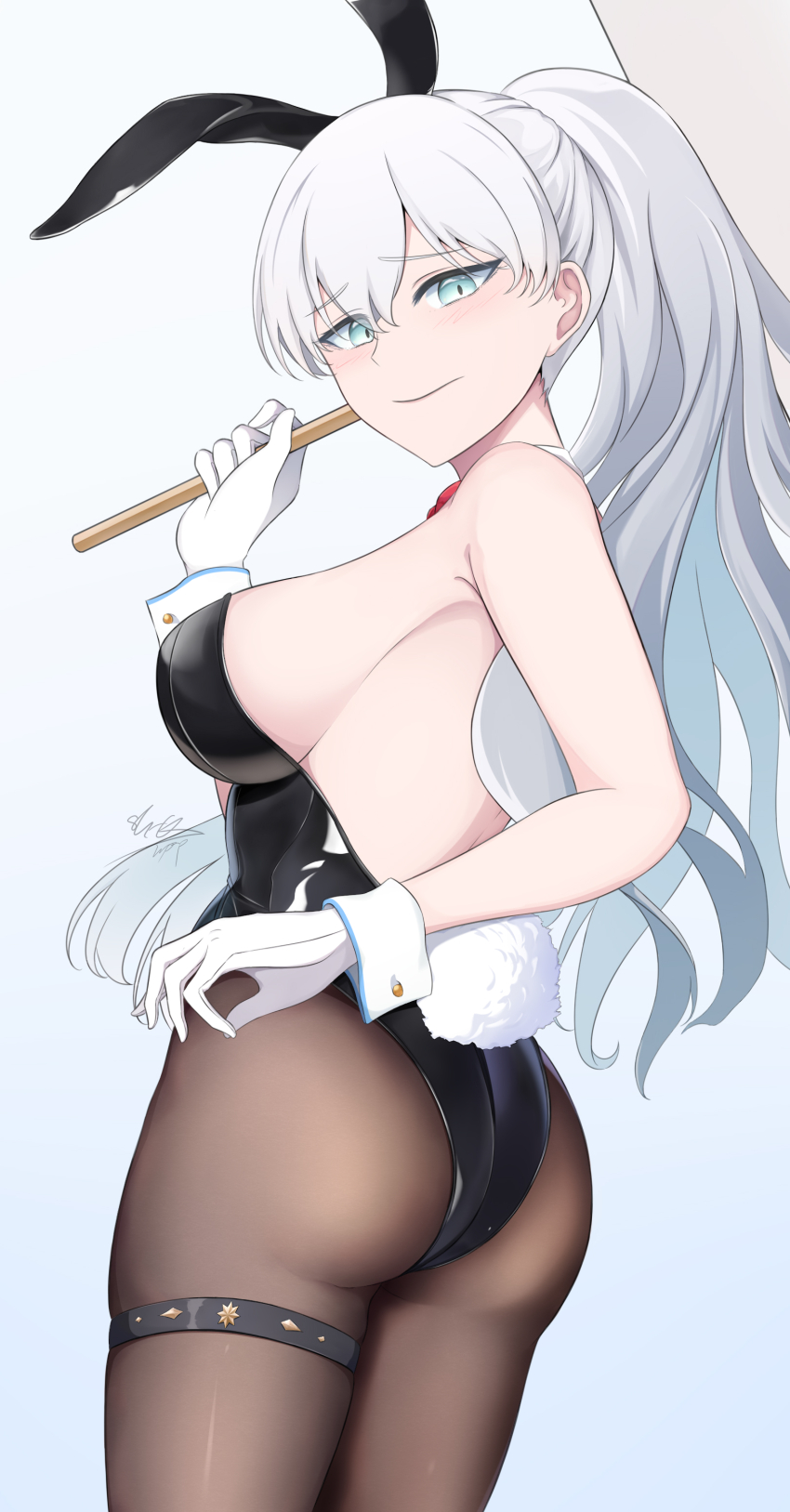 1girl, absurdres, anastasia_(fate), animal_ears, ass, bare_arms, bare_shoulders, black_pantyhose