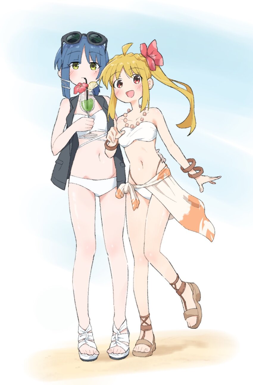 2girls, armlet, blonde_hair, blue_hair, blush, bocchi_the_rock!, bow, cocktail, cocktail_glass, cup, drinking_glass, food, fruit, green_juice, hair_ornament, hairclip, highres, holding, holding_cup, ijichi_nijika, jacket, jewelry, lemon, lemon_slice, look4_osagashi, multiple_girls, necklace, open_clothes, open_jacket, open_mouth, pearl_necklace, polka_dot, polka_dot_bow, red_bow, red_eyes, sand, sandals, shirt, simple_background, smile, sunglasses, swimsuit, tied_shirt, yamada_ryo, yellow_eyes