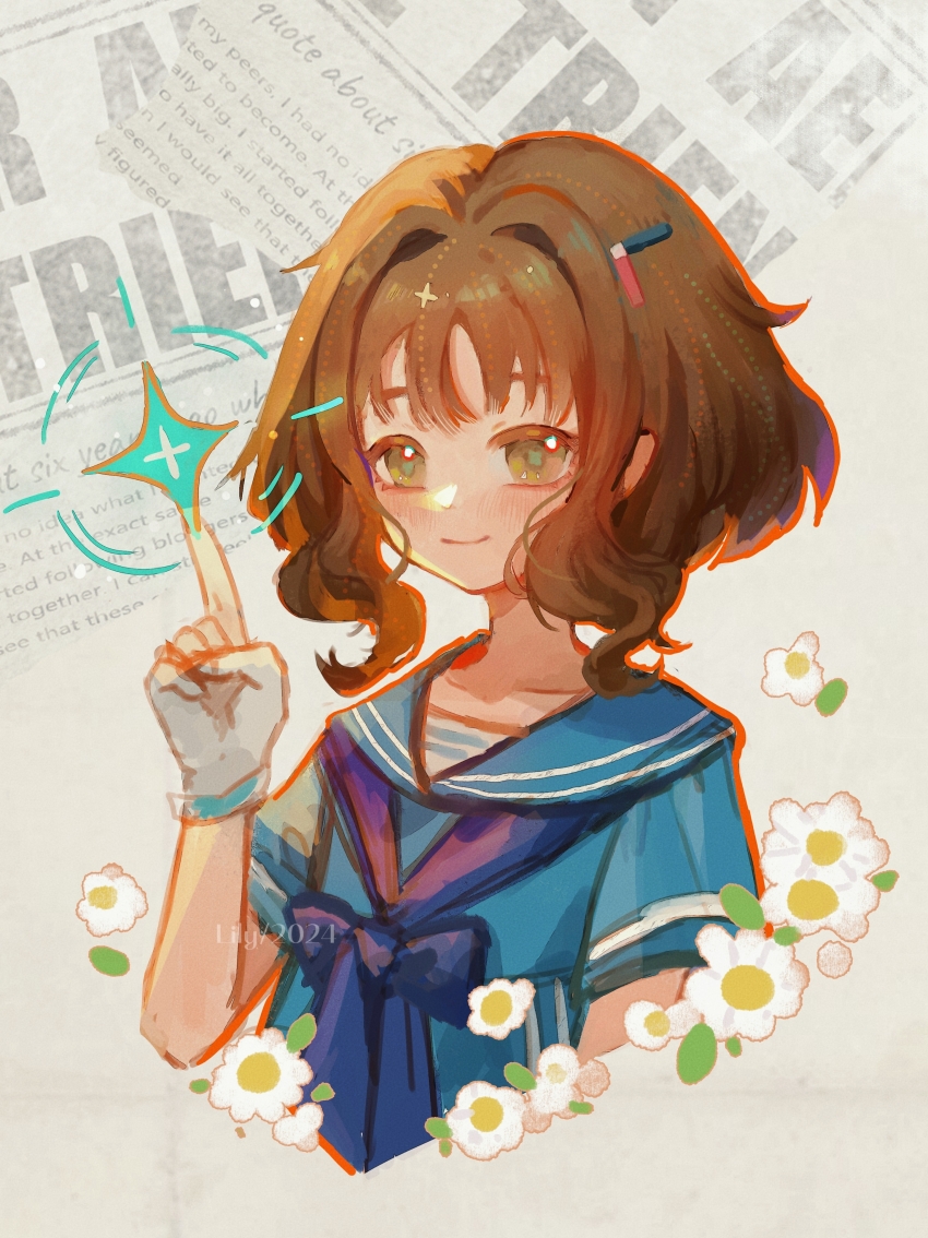 1girl, absurdres, blue_dress, blue_neckerchief, blue_sailor_collar, brown_hair, closed_mouth, cropped_torso