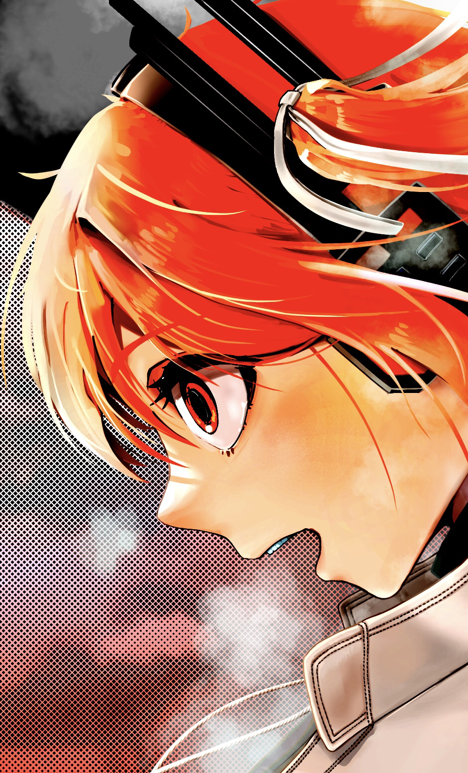 1girl, a.i._voice, adachi_rei, dai_maou_akinai_(godakinai), from_side, hair_ribbon, halftone, halftone_background