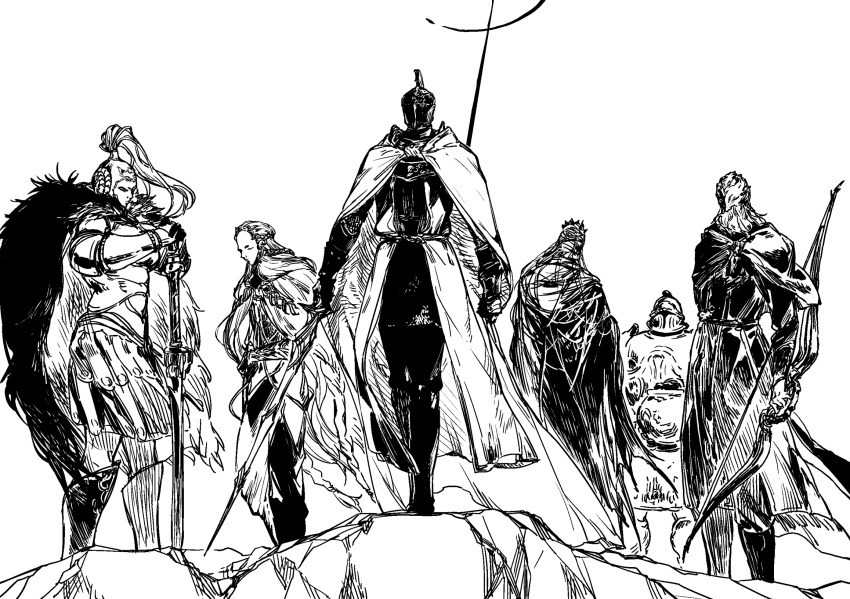 2girls, 4boys, armor, boots, bow_(weapon), cape, cloak, elden_ring