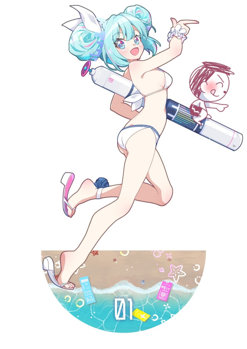 1boy, 1girl, alternate_costume, alternate_hairstyle, aqua_eyes, aqua_hair, bikini, blue_archive