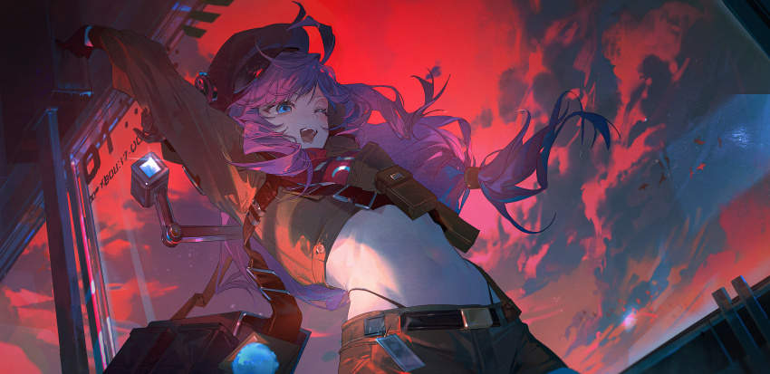 1girl, absurdres, ahoge, aoseagrass, arm_up, bag, belly, belt, belt_buckle, beret, black_belt, black_gloves, blue_eyes, brown_hat, brown_shorts, buckle, cloud, eyelashes, girls'_frontline, girls'_frontline_2:_exilium, gloves, hat, highres, indoors, ksenia_(girls'_frontline_2), long_hair, midriff, navel, one_eye_closed, open_mouth, pouch, purple_hair, red_sky, red_theme, school_bag, shorts, sky, solo, stechkin_(girls'_frontline), stretching, teeth, thong, tongue, upper_teeth_only