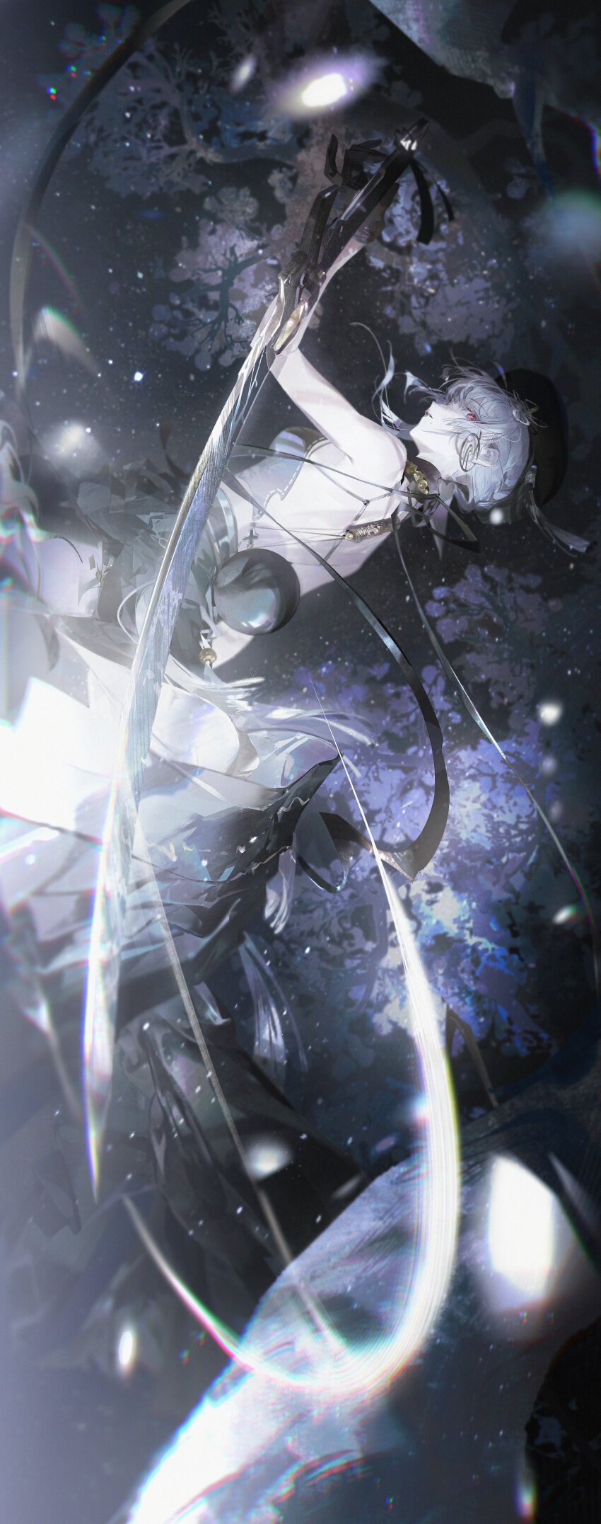 1girl, absurdres, aoseagrass, back, bare_shoulders, beads, beret, black_gloves