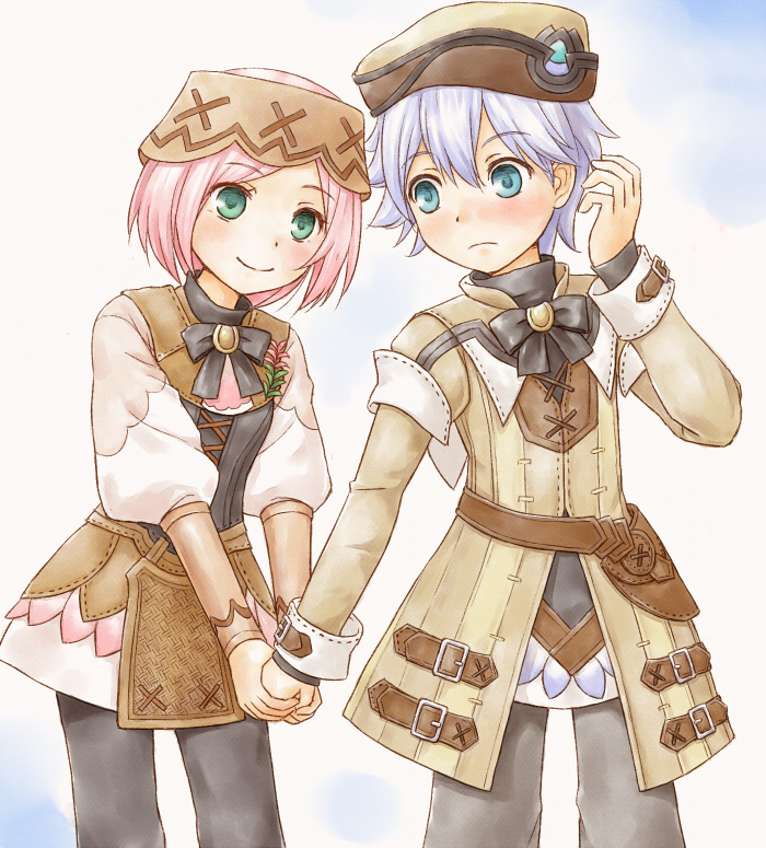 aqua_eyes, azel_(rune_factory), bad_id, bad_pixiv_id, belt, harvest_moon, hat, jacket, pink_hair, ribbon, rune_factory, rune_factory_oceans, short_hair, sonia_(rune_factory), white_hair, yuyuzuki_(yume_usagi)