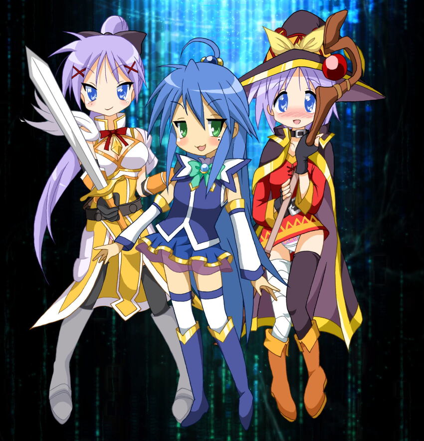 3girls, ahoge, aqua_(konosuba), bandaged_leg, bandages, belt, black_belt, black_bow, black_cape, black_gloves, black_hat, black_thighhighs, blue_footwear, blue_hair, blue_shirt, blue_skirt, blush, boots, bow, brown_footwear, cape, closed_mouth, darkness_(konosuba), dress, full_body, gloves, green_eyes, hair_bow, hair_ornament, hat, highres, hiiragi_kagami, hiiragi_tsukasa, holding, holding_staff, holding_sword, holding_weapon, imaden, izumi_konata, knee_boots, kono_subarashii_sekai_ni_shukufuku_wo!, lucky_star, megumin, mole, mole_under_eye, multicolored_background, multiple_girls, panties, pink_hair, pleated_skirt, ponytail, red_dress, shirt, short_hair, skirt, smile, staff, sword, thighhighs, underwear, weapon, white_panties, white_thighhighs, witch_hat, zettai_ryouiki