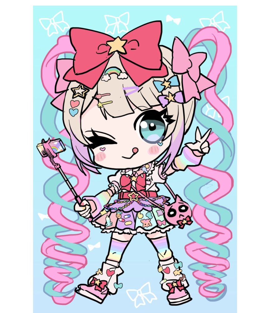 1girl, ;q, artist_request, blonde_hair, blue_background, blue_bow, blue_eyes, blue_hair