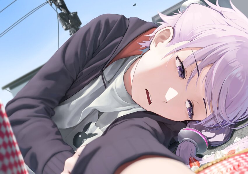 1girl, commentary_request, dai_maou_akinai_(godakinai), day, food, fruit, grey_jacket, hair_ornament