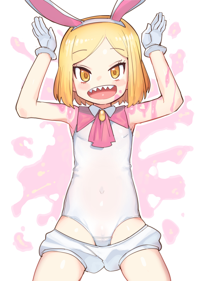 1girl, animal_ears, ascot, blonde_hair, clothes_pull, commentary_request, covered_navel, fake_animal_ears