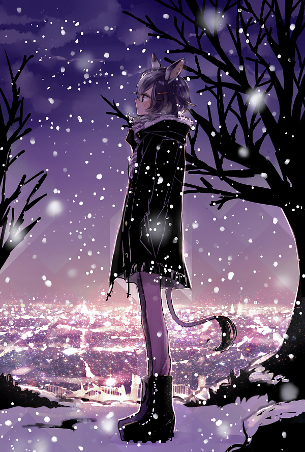 1girl, animal_ears, ankle_boots, bare_tree, black_boots, black_coat, black_eyes, black_hair