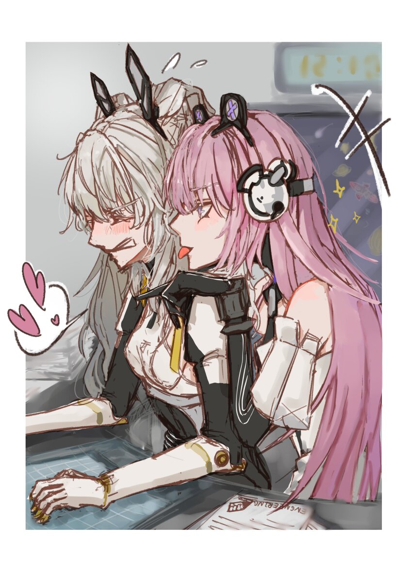2girls, absurdres, amehachi88, animal_ears, bear_ears, black_bodysuit, blush, bodysuit, coat, detached_sleeves, grey_hair, headgear, headphones, highres, karenina:_scire_(pgr), karenina_(pgr), long_hair, mechanical_arms, multicolored_bodysuit, multiple_girls, pink_hair, punishing:_gray_raven, rabbit_ears, teddy:_decryptor_(pgr), teddy_(pgr), tongue, tongue_out, two-tone_bodysuit, two_side_up, very_long_hair, white_bodysuit, white_coat, yuri