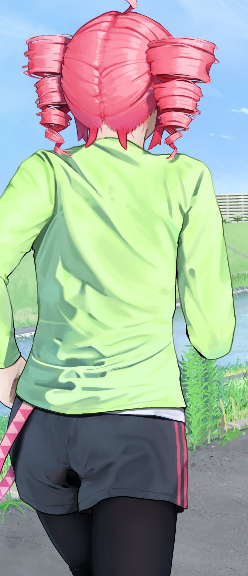 1girl, alternate_costume, black_pantyhose, blue_sky, building, cropped, dai_maou_akinai_(godakinai), day, drill_hair, facing_away, from_behind, green_shirt, grey_shorts, jogging, kasane_teto, long_sleeves, outdoors, pantyhose, pantyhose_under_shorts, red_hair, river, shirt, shorts, sky, twin_drills, utau