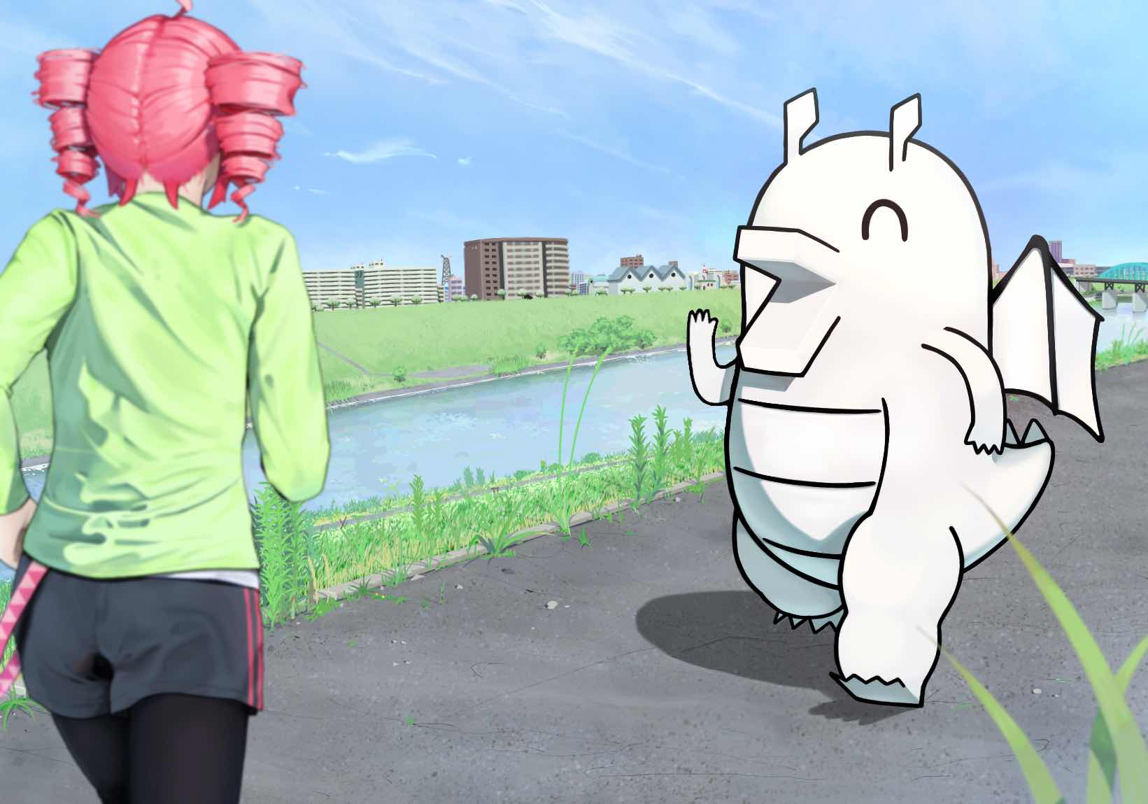 1girl, alternate_costume, black_pantyhose, blue_sky, blurry, blurry_foreground, building, dai_maou_akinai_(godakinai), day, dragon, drill_hair, facing_away, from_behind, green_shirt, grey_shorts, highres, jogging, kasane_teto, long_sleeves, outdoors, pantyhose, pantyhose_under_shorts, red_hair, river, shirt, shorts, sky, suki_na_souzai_happyou_dragon_(utau), twin_drills, utau