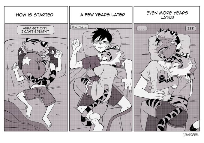 1boy, 2girls, 3koma, animal_ears, animal_print, ass, aura_(drawligator), breasts, clothing_cutout, comic, drawligator, father_and_child, father_and_daughter, furry, furry_female, large_breasts, lying, lying_on_person, monochrome, mother_and_child, mother_and_daughter, multiple_girls, on_back, oversized_clothes, parent_and_child, shorts, sleeping, tail, tail_through_clothes, thick_thighs, thighs, tiger_ears, tiger_print