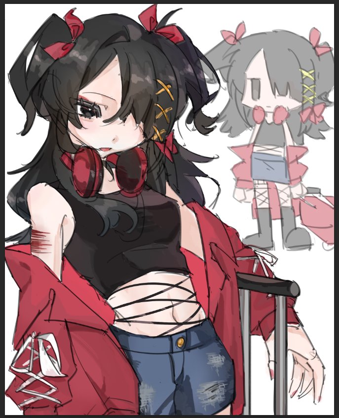 1girl, ame-chan_(needy_girl_overdose), ame-chan_(nidiga_tozai)_(needy_girl_overdose), bare_shoulders, black_eyes, black_hair, black_shirt, blue_shorts