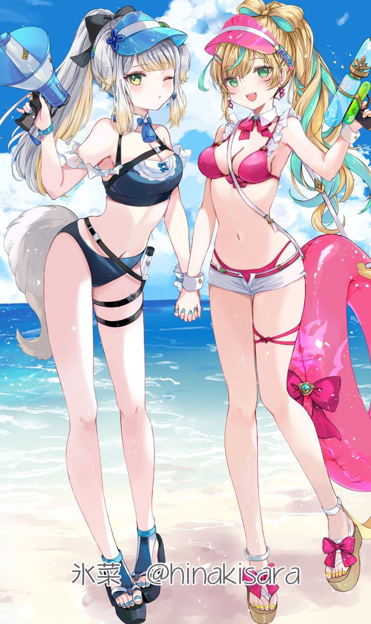2girls, aqua_hair, bare_shoulders, bikini, black_bikini, black_footwear, blonde_hair, blue_nails, breasts, brown_footwear, cleavage, cloud, cloudy_sky, full_body, green_eyes, grey_hair, highres, hinakisara, holding, holding_hands, holding_water_gun, long_hair, looking_at_viewer, medium_breasts, multicolored_hair, multiple_girls, navel, nijisanji, one_eye_closed, open_mouth, outdoors, parted_lips, pink_bikini, ponytail, shioriha_ruri, sky, smile, standing, stomach, streaked_hair, swimsuit, tachitsute_toto, tail, teeth, toenails, twintails, upper_teeth_only, virtual_youtuber, water_gun, yellow_nails
