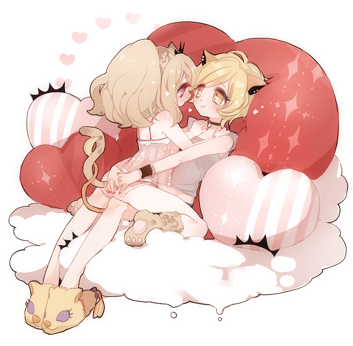 2girls, animal_ears, animal_slippers, babydoll, black_choker, blonde_hair, brown_hair, choker