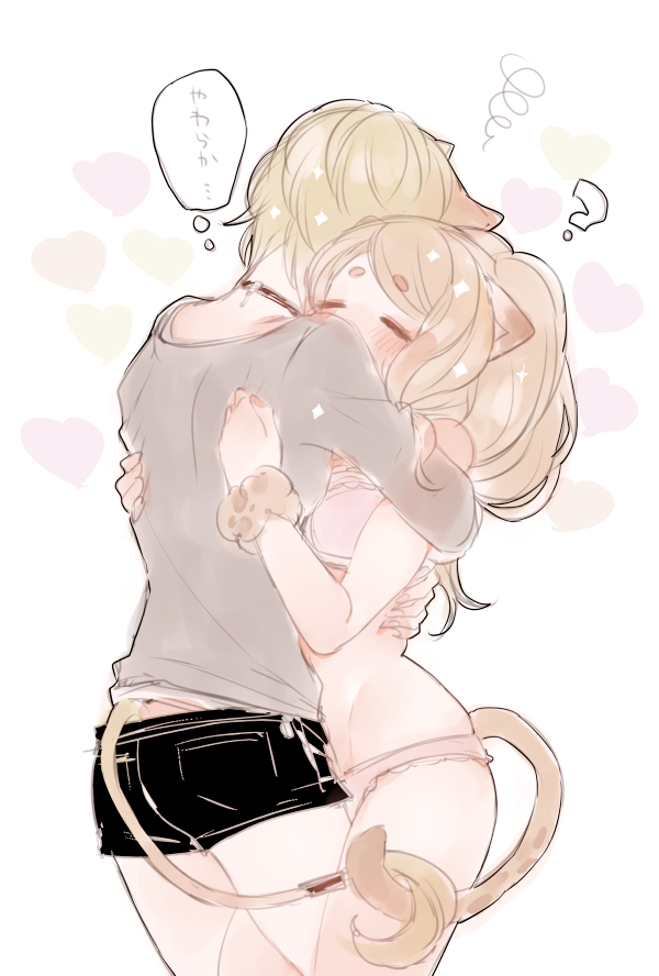 2girls, =_=, ?, animal_ears, black_shorts, blonde_hair, bra, brown_hair