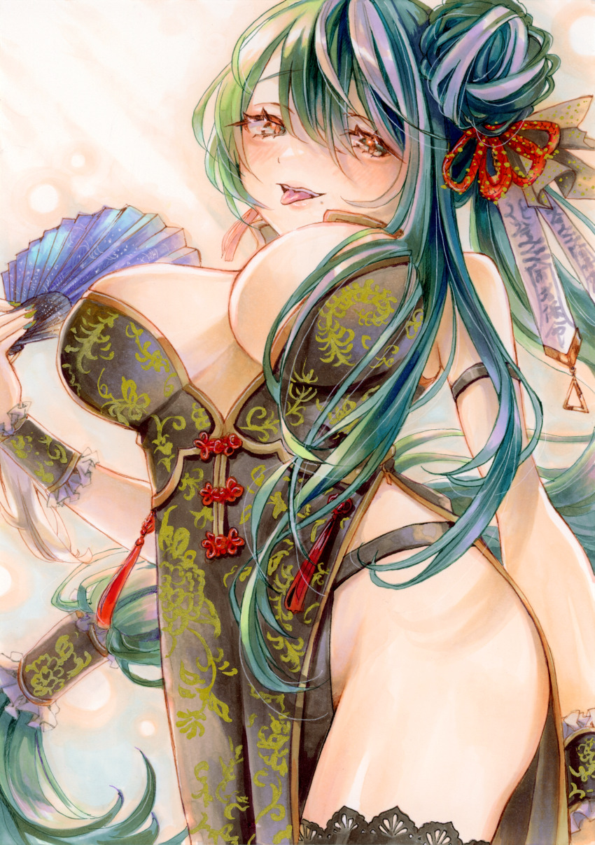 1girl, absurdres, armlet, black_thighhighs, blush, breasts, china_dress, chinese_clothes