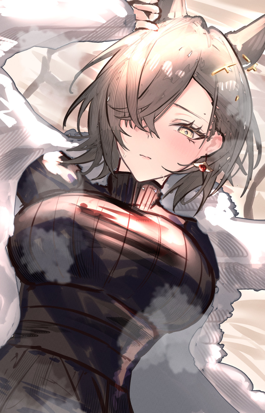 1girl, absurdres, animal_ears, arknights, belt, black_sweater, breasts, breath