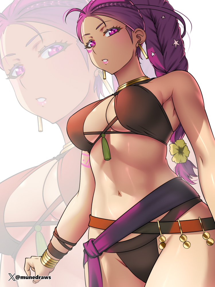 1girl, bikini, braid, braided_ponytail, breasts, brown_bikini, earrings, etchimune