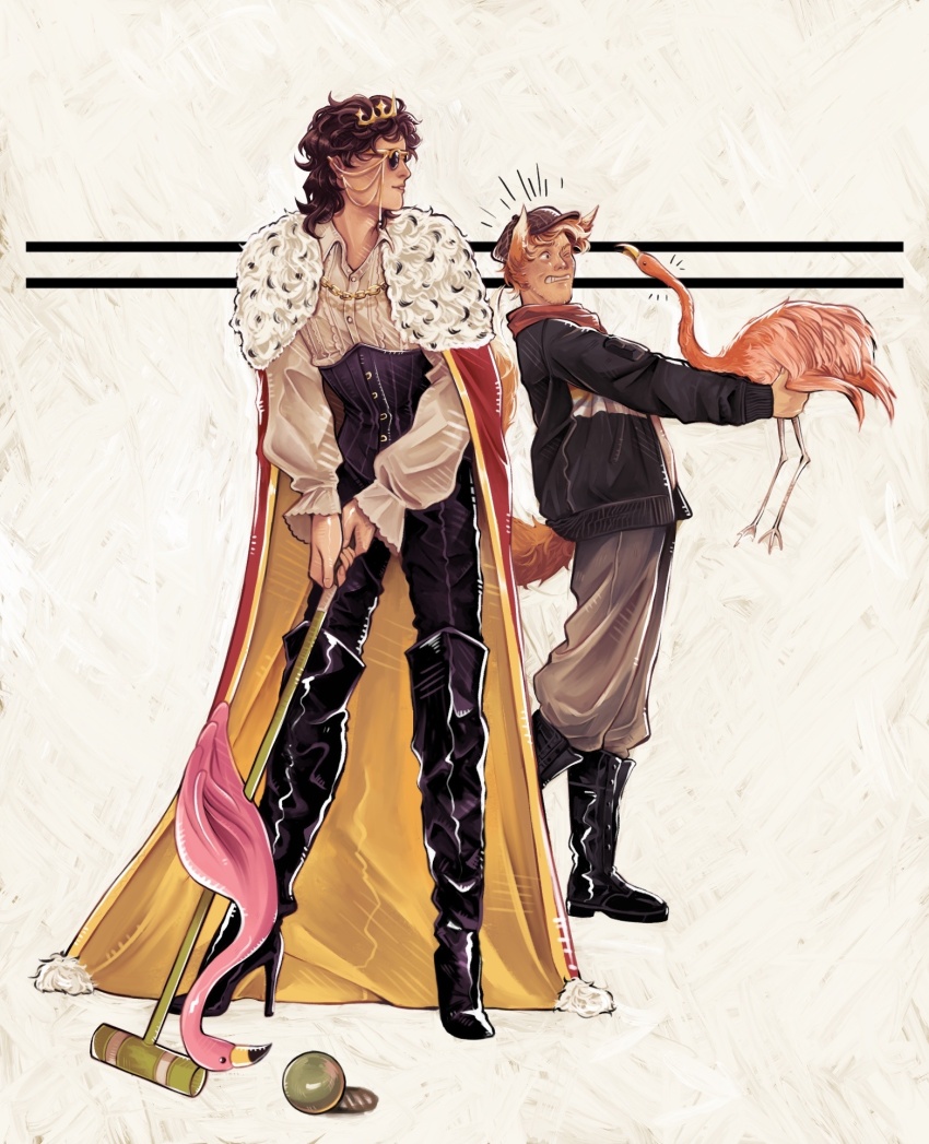 1boy, 1other, animal, animal_ears, ball, bandana, beard_stubble, bird