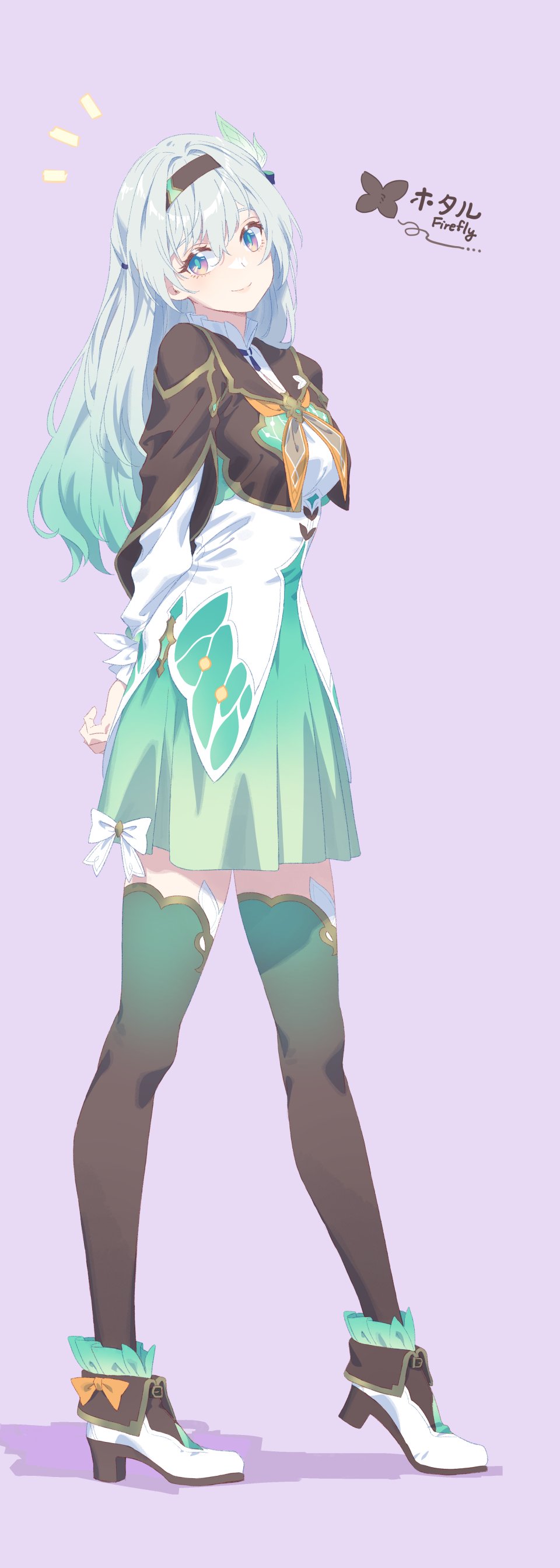 1girl, absurdres, amenoki, aqua_hair, aqua_skirt, aqua_thighhighs, arms_behind_back, black_hairband