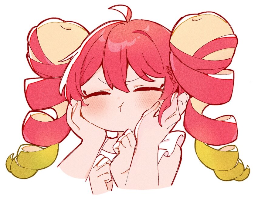 1girl, 1other, ahoge, apple, apple_peel, blush, closed_eyes, closed_mouth