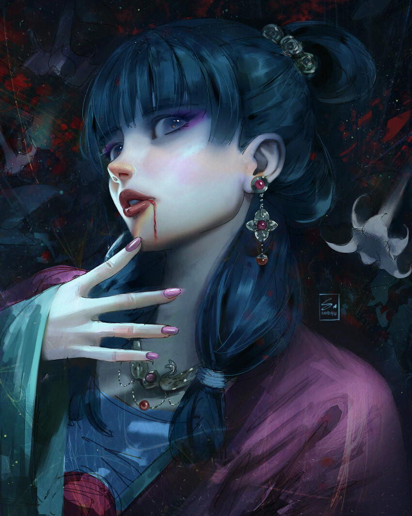 1girl, artist_logo, artist_name, beads, blood, blunt_bangs, chinese_clothes, earrings