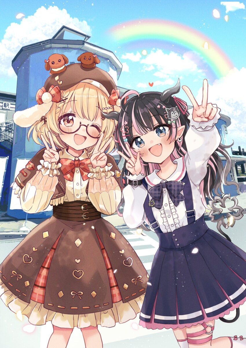 2girls, :d, ;d, ahoge, arm_up, black_hair, black_skirt, blonde_hair