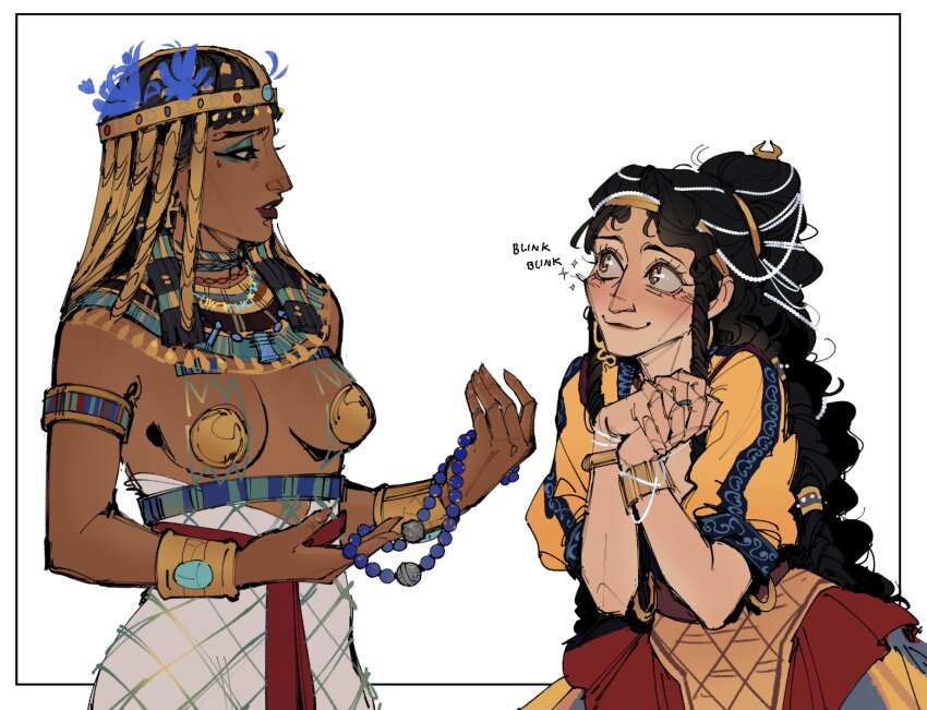 2girls, ancient_egyptian_clothes, black_hair, blush, covered_erect_nipples, dark-skinned_female, dark_skin, earrings, eyeshadow, headdress, historically_accurate_costume, jewelry, long_hair, looking_at_another, lullindo, makeup, minoan_clothes, multiple_girls, necklace, skirt, smile, topless_female, usekh_collar