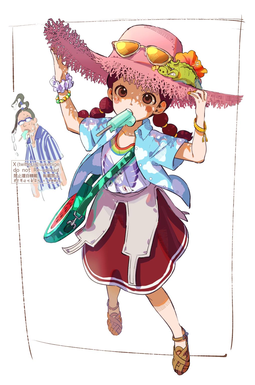 1boy, 1girl, bag, blush_stickers, bracelet, cloud_print, commentary_request, crocodile, crocodilian, eating, eyewear_on_headwear, food, galdino, glasses, hands_on_headwear, hat, highres, ice_cream, jewelry, looking_at_viewer, miss_goldenweek, one_piece, orange-tinted_eyewear, pearl_bracelet, pink_hair, sandals, shoulder_bag, skirt, sukehige, tinted_eyewear, twintails, yellow_nails