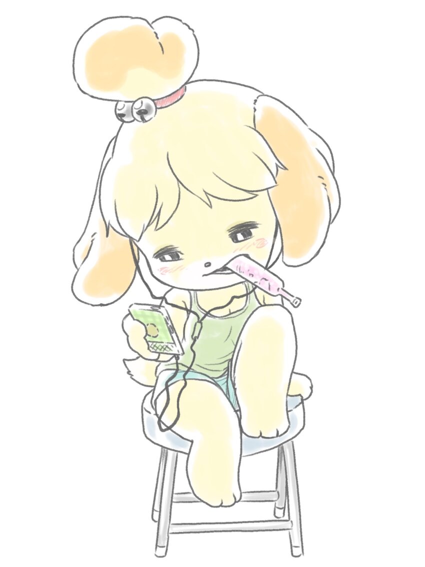 1girl, animal_crossing, animal_ears, barefoot, bell, blonde_hair, blush, cellphone, chair, cup, drinking_straw, food, full_body, hair_ornament, highres, holding, holding_phone, isabelle_(animal_crossing), nintendo, phone, rakugaken, sitting, smartphone, smile, solo, tail