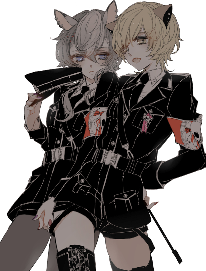 2girls, alternate_costume, animal_ears, armband, belt, black_hat, black_jacket, black_necktie