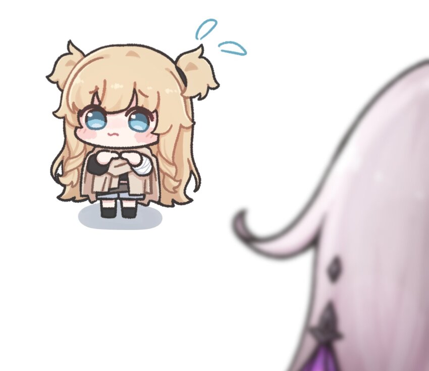 2girls, bandaged_arm, bandages, blonde_hair, blush, chibi, crop_top, double_bun, fingerless_gloves, gloves, hair_bun, honkai_(series), honkai_impact_3rd, index_fingers_together, komi_(mayu_eo22), multiple_girls, scarf, songque, songque_(amber_street), thelema_nutriscu