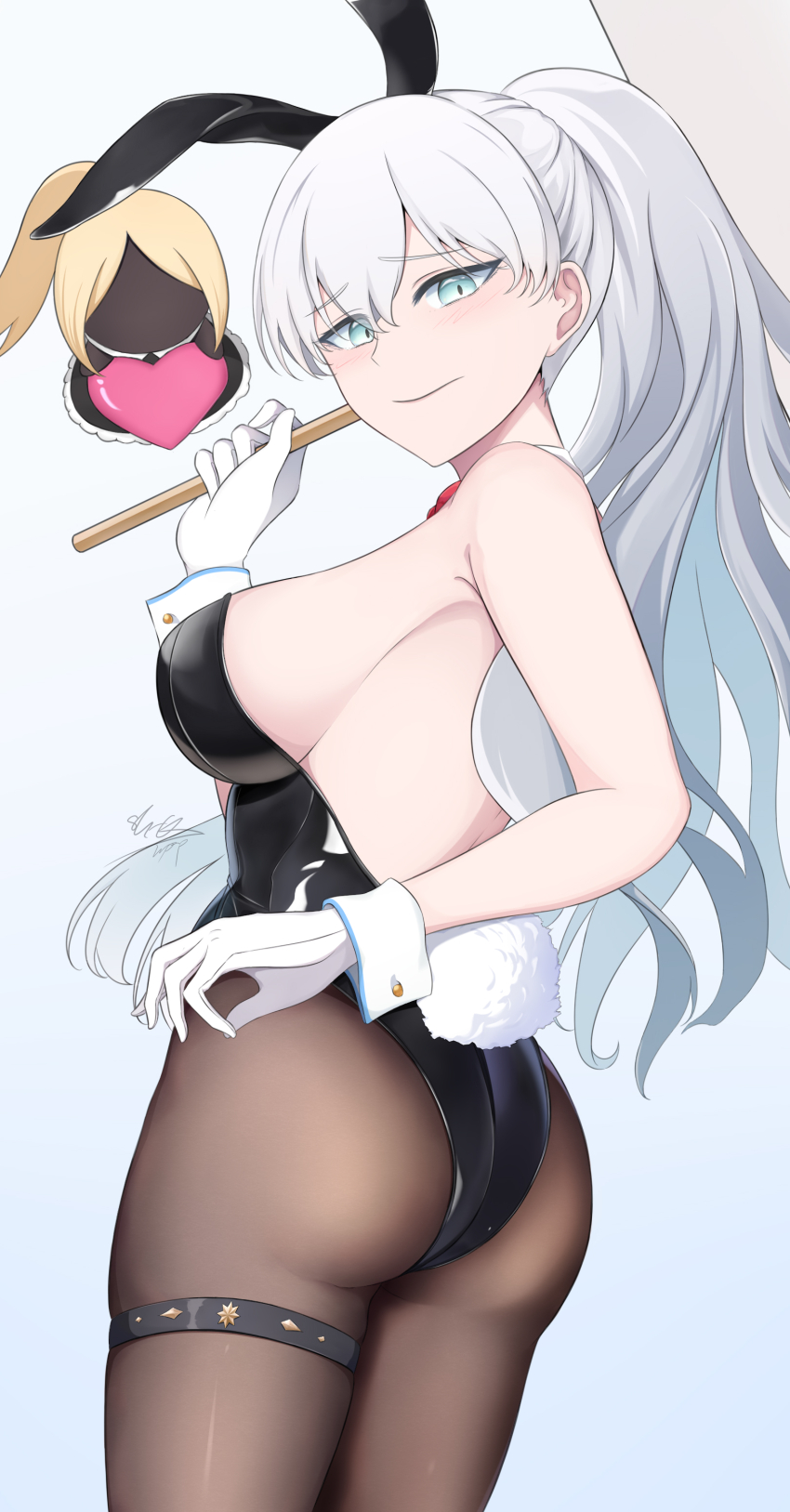 2girls, absurdres, anastasia_(fate), animal_ears, apron, ass, bare_arms, bare_shoulders