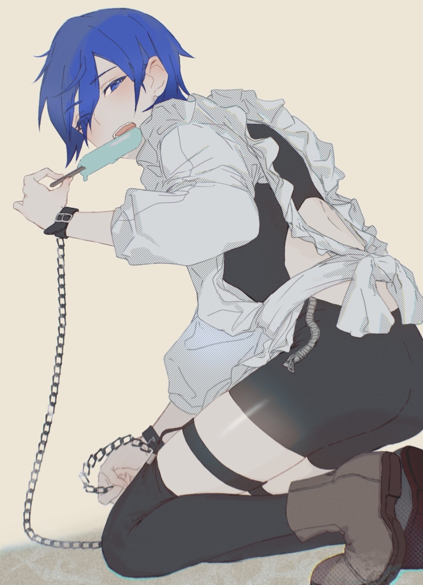 1boy, absurdres, alternate_costume, apron, beileimao, black_shorts, black_thighhighs, blue_eyes