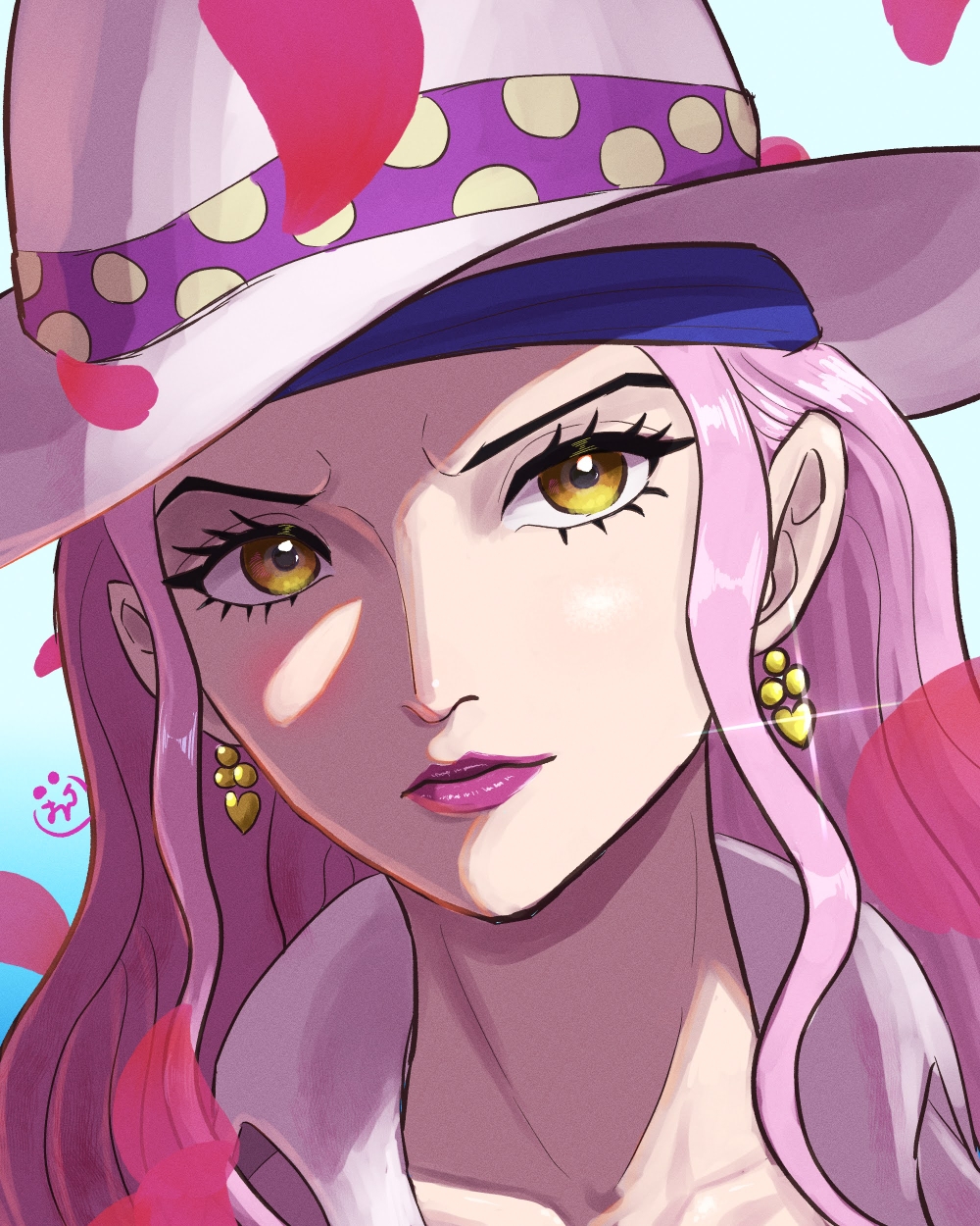 1girl, aged_down, blue_background, charlotte_linlin, closed_mouth, collarbone, earrings, eyelashes, gradient_background, hat, high_collar, highres, jewelry, light_blush, lips, lipstick, long_neck, looking_at_viewer, makeup, nose, one_piece, onepiece_banbi, partially_shaded_face, petals, pink_hair, pink_hat, portrait, purple_lips, rose_petals, solo, sun_hat, v-shaped_eyebrows, yellow_eyes