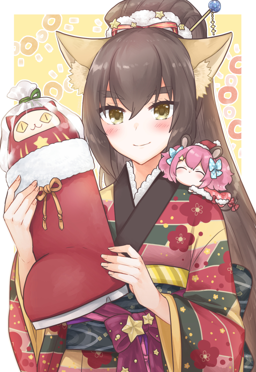 ^_^, a_(show_by_rock!!), animal_ear_fluff, animal_ears, blush, border, brown_hair, christmas_stocking, closed_eyes, darudayu_(show_by_rock!!), daruma_doll, floral_print, fox_ears, hair_ornament, hair_stick, hands_up, high_ponytail, highres, holding, japanese_clothes, kimono, lace-trimmed_collar, lace_trim, long_hair, looking_at_viewer, mikan_tabetai, mini_person, minigirl, multicolored_kimono, obi, outside_border, person_on_shoulder, pink_hair, ponytail, sash, show_by_rock!!, size_difference, smile, un_(myumon)_(show_by_rock!!), un_(show_by_rock!!), upper_body, white_border, wide_sleeves, yellow_background, yellow_eyes