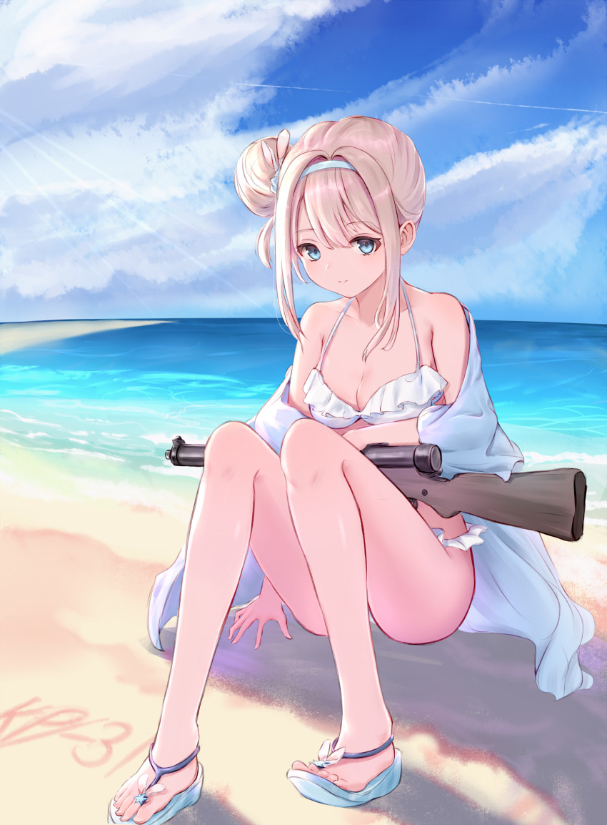 1girl, beach, bikini, blonde_hair, blue_eyes, blue_hairband, blue_sky, breasts