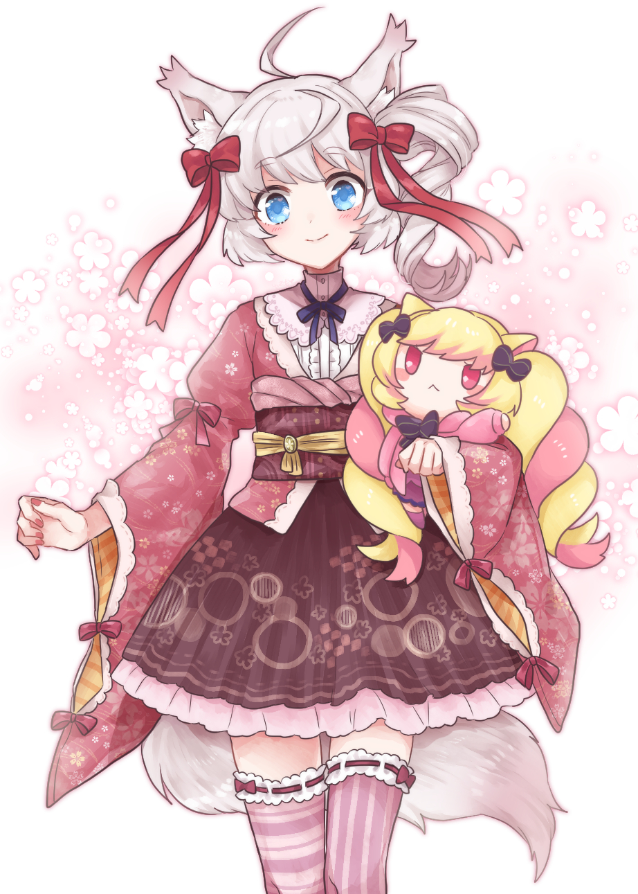 2girls, :<, ahoge, animal_ears, asymmetrical_legwear, blonde_hair, blue_eyes, bow, brown_skirt, carrying, carrying_person, character_doll, cowboy_shot, doll, floral_print, flower_symbol, fox_ears, fox_girl, fox_tail, frilled_thighhighs, frills, hair_bow, highres, howan_(show_by_rock!!), looking_at_viewer, mashima_himeko_(myumon)_(show_by_rock!!), mashima_himeko_(show_by_rock!!), mikan_tabetai, mini_person, minigirl, mismatched_legwear, multiple_girls, neck_ribbon, obi, obiage, obijime, pink_thighhighs, red_eyes, ribbon, sash, short_hair, show_by_rock!!, side_ponytail, simple_background, size_difference, skirt, smile, standing, tail, thighhighs, twintails, white_background, white_hair, wide_sleeves