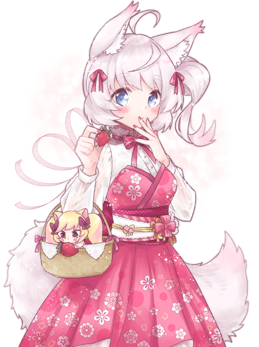 2girls, :q, ahoge, alternate_costume, animal_ears, basket, blue_eyes, blush, bow, bowtie, cowboy_shot, dress, elbow_carry, floral_print, food, fox_ears, fox_girl, fox_tail, fruit, hair_ribbon, hand_on_own_face, hands_up, highres, holding, holding_basket, holding_food, holding_fruit, howan_(show_by_rock!!), in_basket, in_container, looking_at_viewer, mashima_himeko_(myumon)_(show_by_rock!!), mashima_himeko_(show_by_rock!!), mikan_tabetai, mini_person, minigirl, multiple_girls, obi, obijime, pink_bow, pink_bowtie, pink_dress, pink_hair, ribbon, sash, shirt, short_hair, show_by_rock!!, side_ponytail, simple_background, smile, solo_focus, standing, strawberry, tail, tongue, tongue_out, white_background, white_shirt
