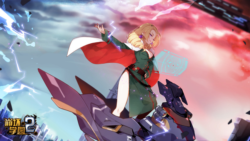 1girl, belt, honkai_gakuen, blonde_hair, breasts, cape, cleavage, cocolia_(honkai_impact)