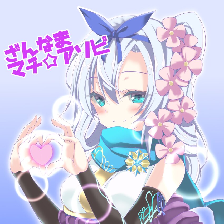 1girl, arm_warmers, bare_shoulders, blue_background, blue_eyes, blue_hair, blue_hairband, blue_scarf