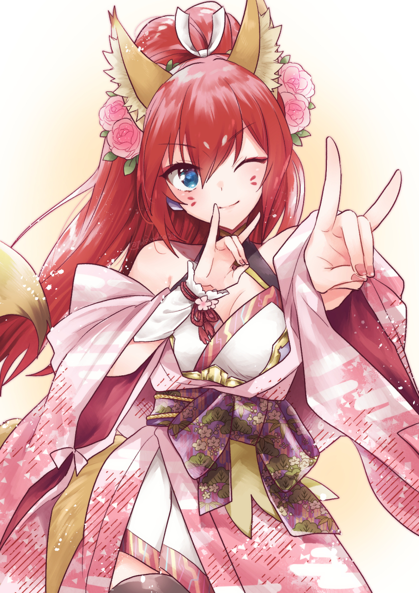 1girl, ;), animal_ears, blue_eyes, breasts, cleavage, cowboy_shot, double_fox_shadow_puppet