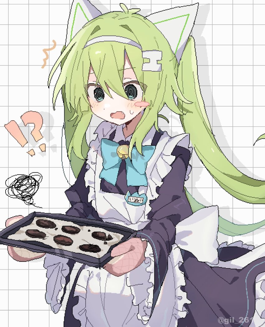 !?, 1girl, @_@, animal_ears, bell, burnt_cookies, burnt_food, fang, gil_(gil_261), green_eyes, green_hair, grid_background, highres, holding, holding_tray, jingle_bell, long_hair, maid, mittens, name_tag, oekaki, original, solo, surprised, sweatdrop, tray, twitter_username, wavy_mouth