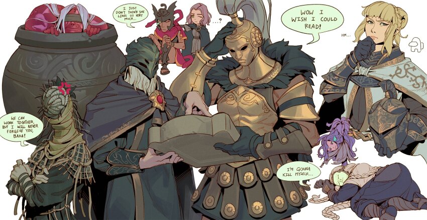 4boys, 4girls, anger_vein, animal, armor, armored_skirt, beard, black_cape