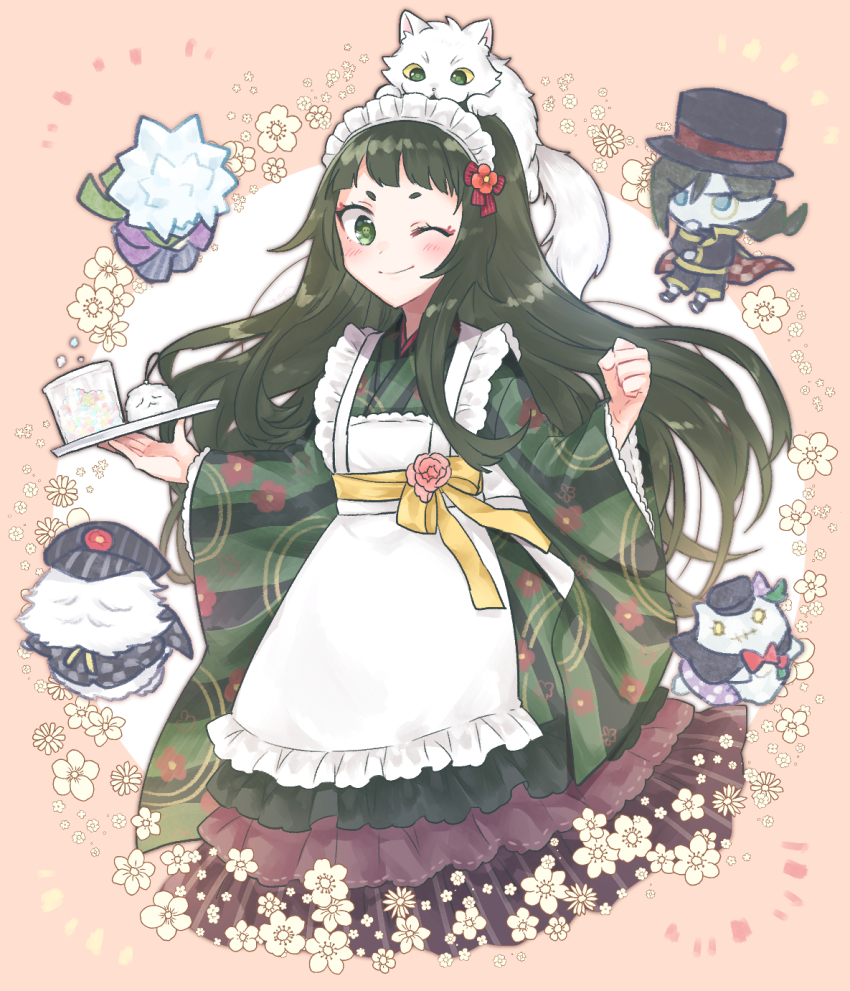 1girl, 3boys, ;), animal, animal_on_head, apron, cat, cowboy_shot